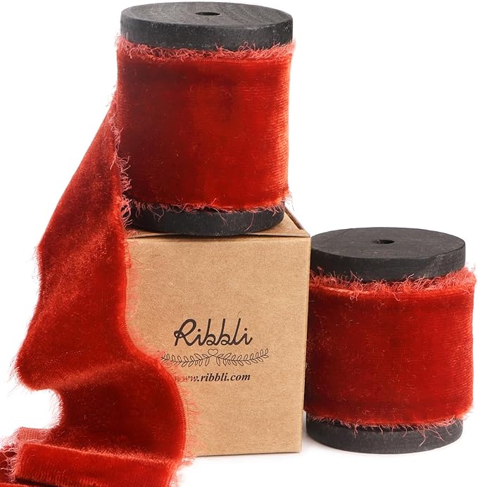 Ribbli Rust Red Velvet Ribbon 1.5 Inch Handmade Frayed Vintage Christmas Ribbon by Ribbli
