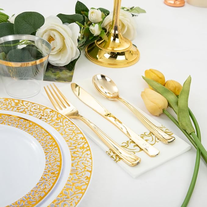 WELLIFE 350Pcs Gold Dinnerware Sets, Plates and Napkins Party Supplies - Image 3