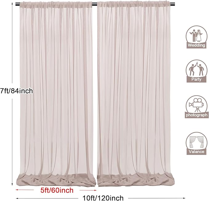 PARTISKY 10ftx7ft Taupe Chiffon Backdrop Curtains, Wrinkle-Free Sheer Fabric - Image 3