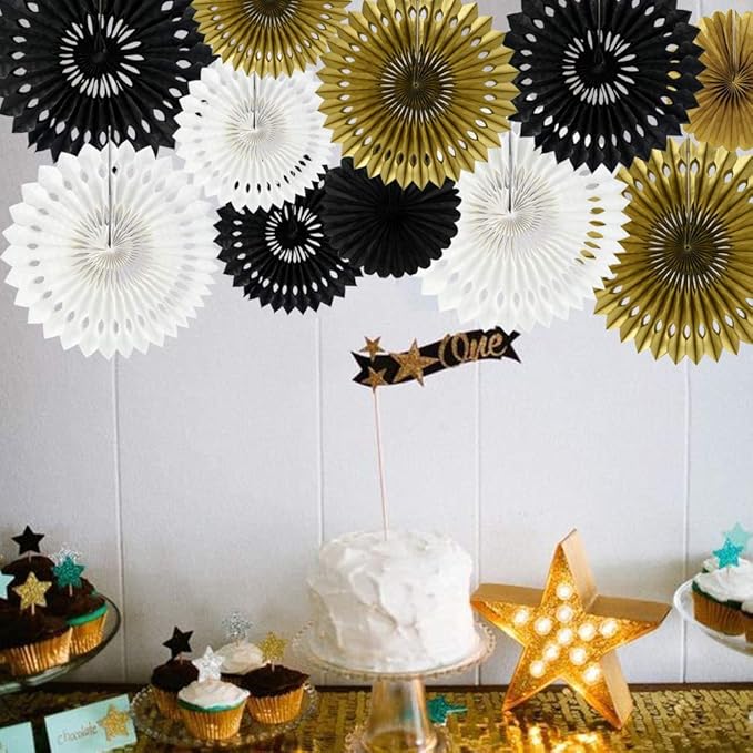 BEISHIDA Black Gold White Hanging Honeycomb Round Paper Fans Decoration Set - Image 4