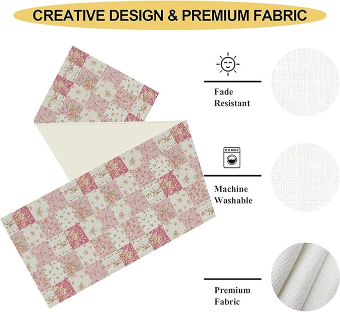 Patchwork Table Runner, Boho Vintage Pink Wildflowers Bohemian Paisley Flower - Image 4