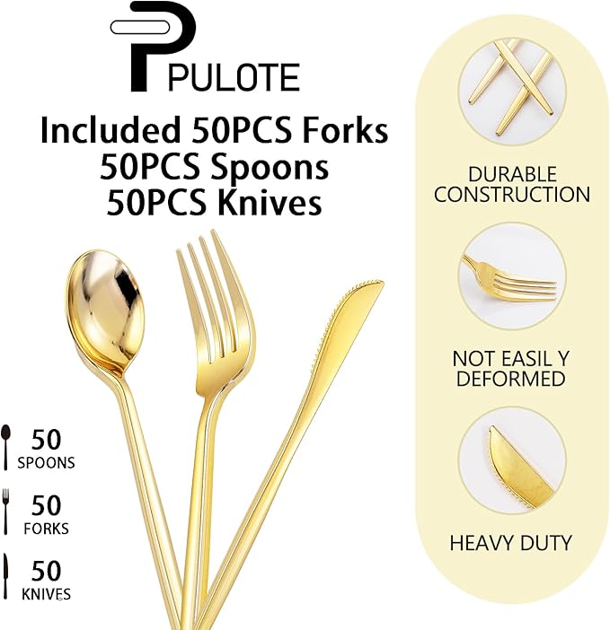 PULOTE 150PCS Gold Plastic Silverware Disposable - Image 7