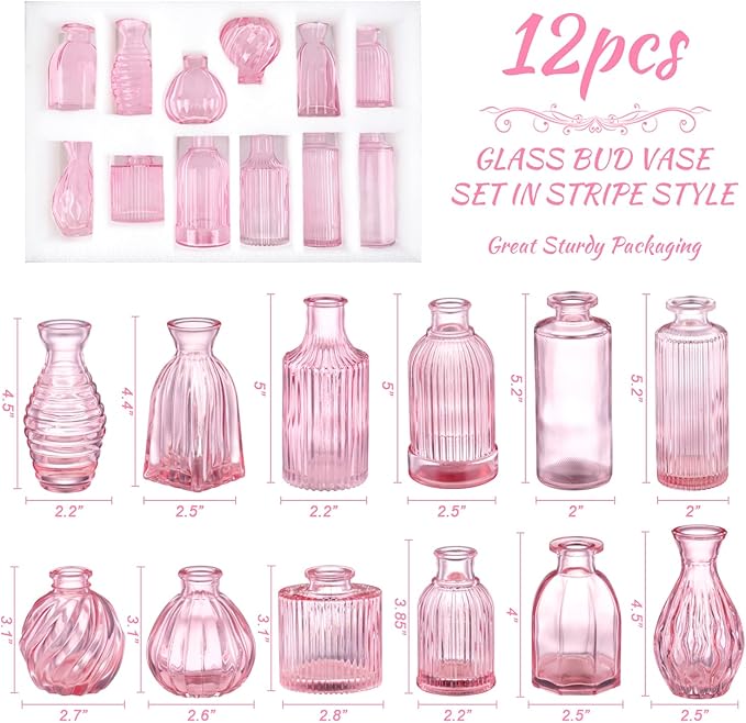 Pink Vase, Bud Vases Set of 12, Small Pink Glass Vases - Image 2