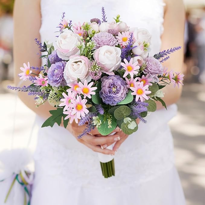 Fake Flowers Purple Artificial Silk Flower Bouquet Faux Flowers - Image 3