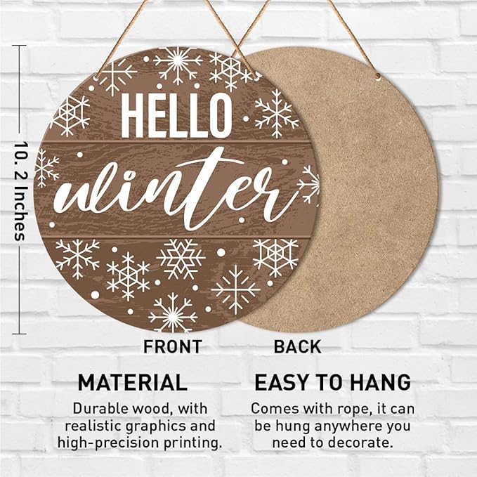 Muktoujaumai Hello Winter Sign Front Door Decor, Christmas Round Hanging Sign - Image 2