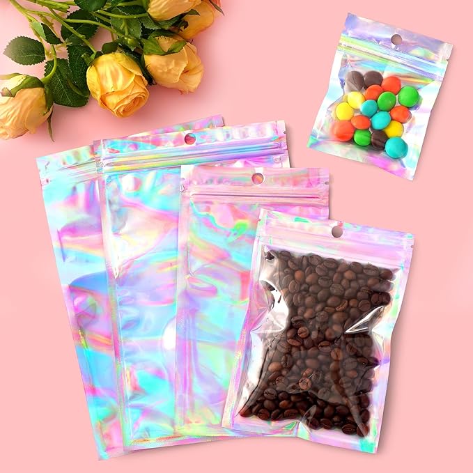 Funfery 100 Pack Smell Proof Holographic Bags Clear Window Resealable Bags - Image 3