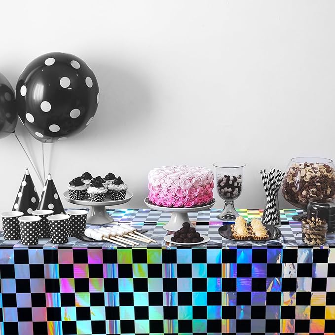 1Pack Black and Iridescent Checkered Plastic Tablecloth, Shiny Disposable Laser - Image 6