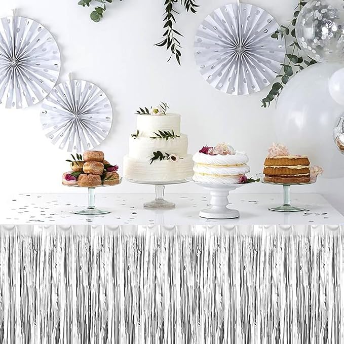 3 Pack 29 x108 Inch Silver Foil Fringe Table Skirts Metallic Banner - Image 4
