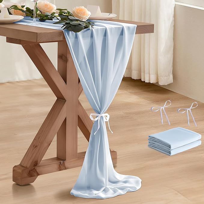 2 Pack 10 Ft Chiffon Table Runner Baby Blue Gauze Long Table Runners 27x120 by BEELIFY