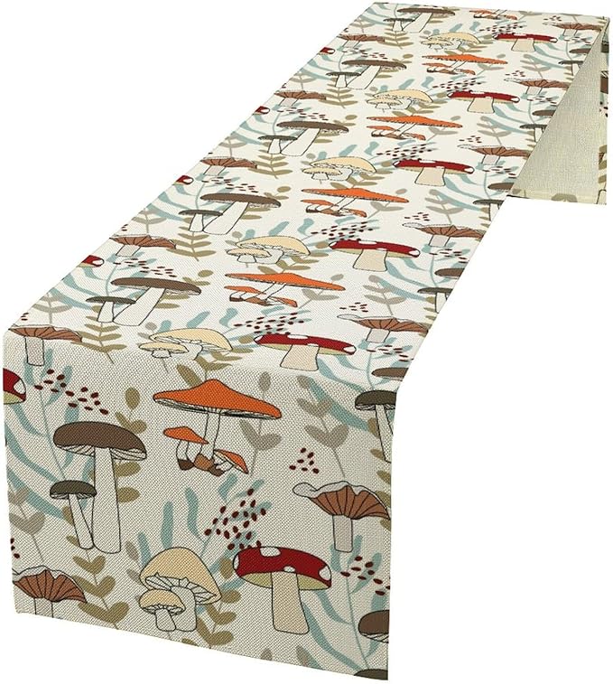 Mushroom Table Runner, Vintage Nature Plant Table Runner by Unknown