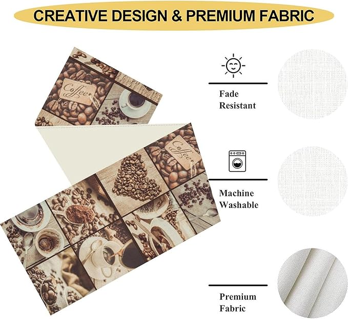 Coffee Theme Table Runner, Rustic Farmhouse Coffee Cup Latte Cappuccino Tea - Image 4