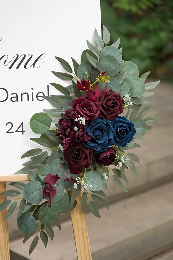 Navy and Burgundy Flower for Wedding Welcome Signs Decorations, Artificial - Image 5