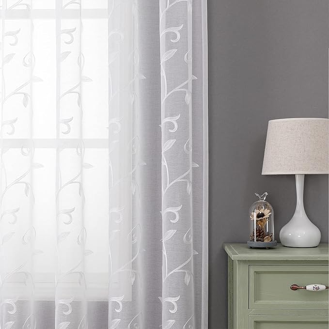 VISIONTEX White Leaves Sheer Voile Curtains, Decorative Embroidery Rod Pocket - Image 8
