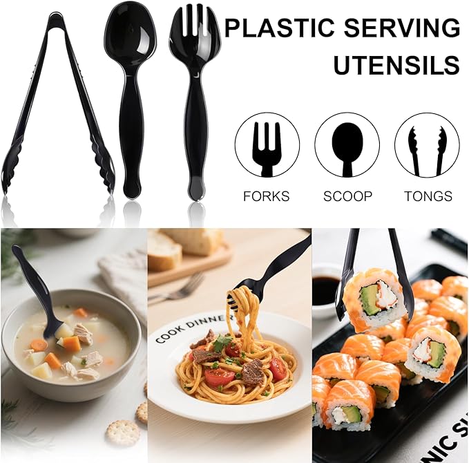 60 Pcs Disposable Black Plastic Serving Utensils, 20 Set Including 9" Plastic - Image 3