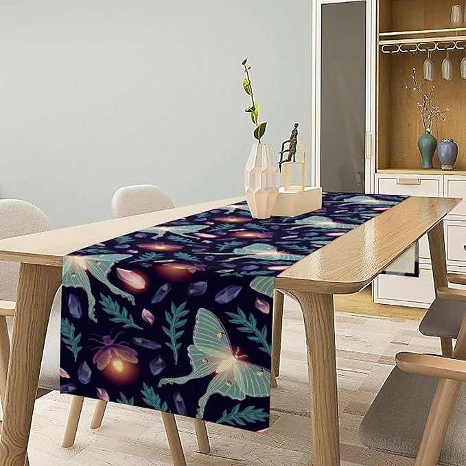 Moth Table Runner, Retro Boho Aesthetic Blue Moth Magic Table Runner - Image 2