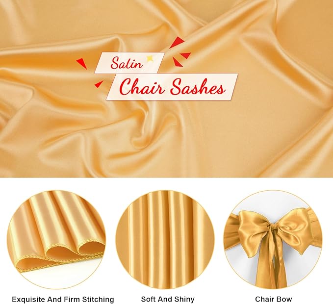10 PCS Gold Satin Chair Sashes Bows Universal Chair Ribbon Ties Back Sash - Image 3