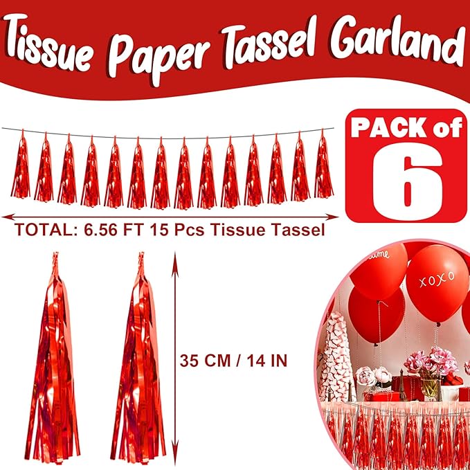6P Red Foil Fringe Metallic Tassel Streamers Banner Tassel Garland - Image 2
