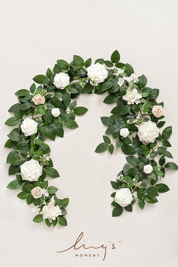 Ling's moment 5FT White Artificial Flower Garland Fake Rose Green Leaves Floral - Image 5