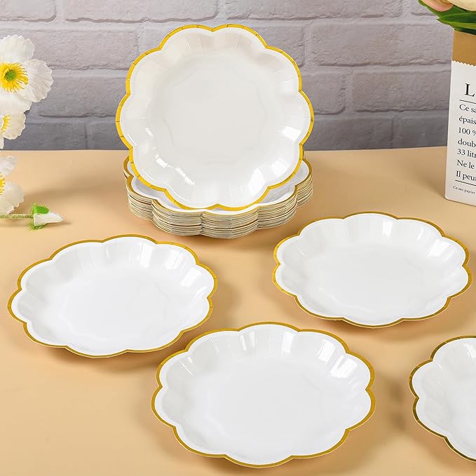 White Golden Party Plates Gold Foil Dessert Paper Plate 7inch Scalloped Edge - Image 5