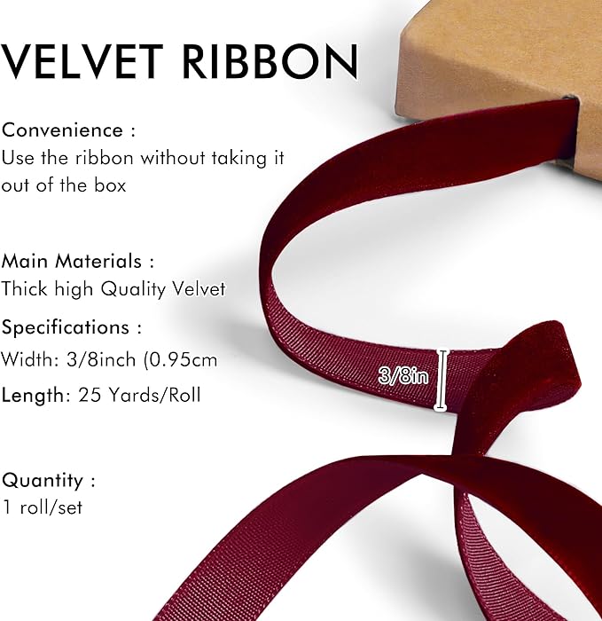 Burgundy Velvet Ribbon 3/8'' 25 Yards - Image 2