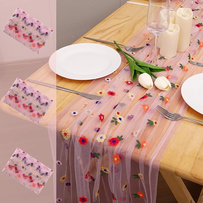 3PCS Pink Floral Table Runner 10 FT, Embroidery Daisy Table Runners Seasonal by Hugestar