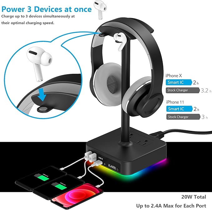 KAFRI RGB Headphone Stand with USB A&C Charger Desk Gaming Headset Holder - Image 3