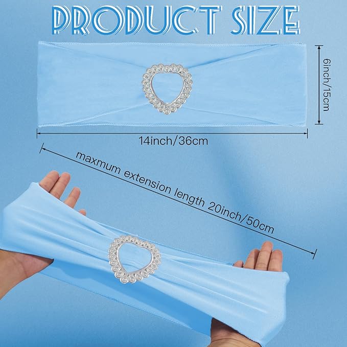 100 Pack Spandex Stretch Blue Chair Sashes Bows Universal Elastic Light Blue - Image 3