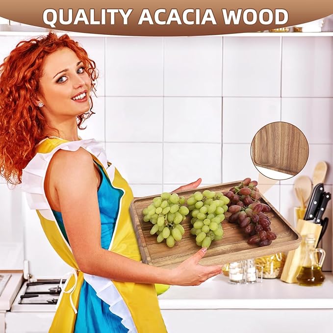 2pcs 15"x10" Large Solid Acacia Wood Serving Trays Rectangular Wooden Serving - Image 5