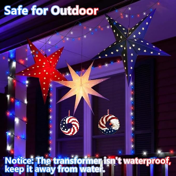 YEGUO 4th of July Decorations Red White and Blue Lights, 66ft 200 LED String - Image 3