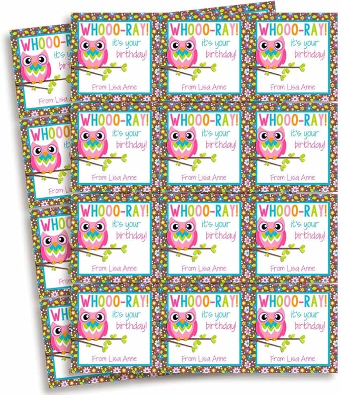 Custom & Personalized Colorful Floral Owl Happy Birthday Gift Tag Sticker Labels - Image 2