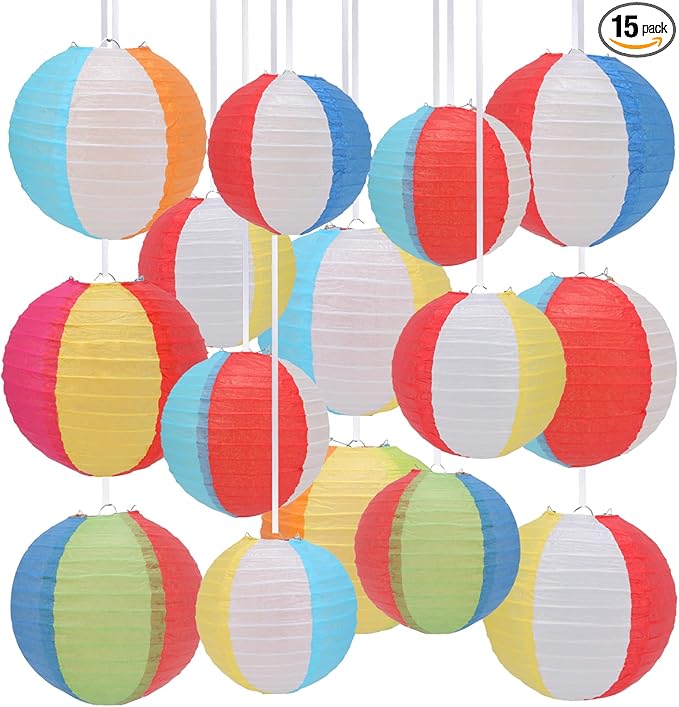 15Pcs Beach Ball Hanging Paper Lanterns Colored Summer Party Decorations by Unknown