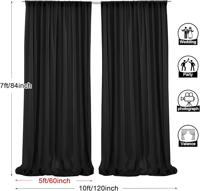 PARTISKY 10ftx7ft Black Chiffon Backdrop Curtains, Wrinkle-Free Sheer Fabric - Image 3