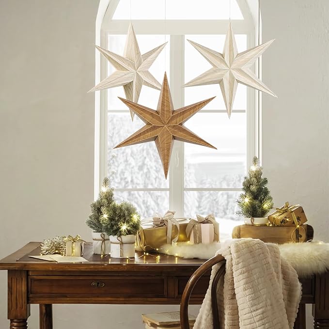 EASY JOY 5 Pcs Wood Grain Paper Star Lanterns 6-Pointed 12 Inch Christmas - Image 7