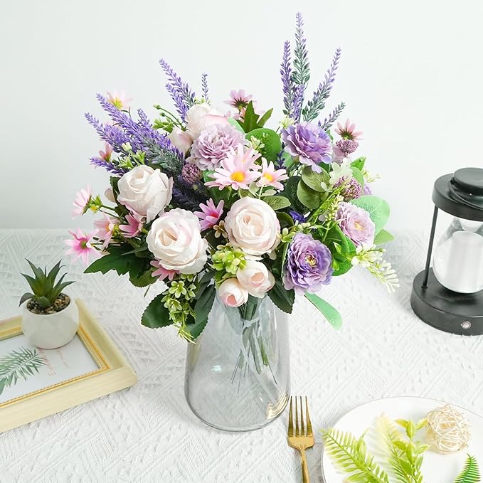 Fake Flowers Purple Artificial Silk Flower Bouquet Faux Flowers - Image 4