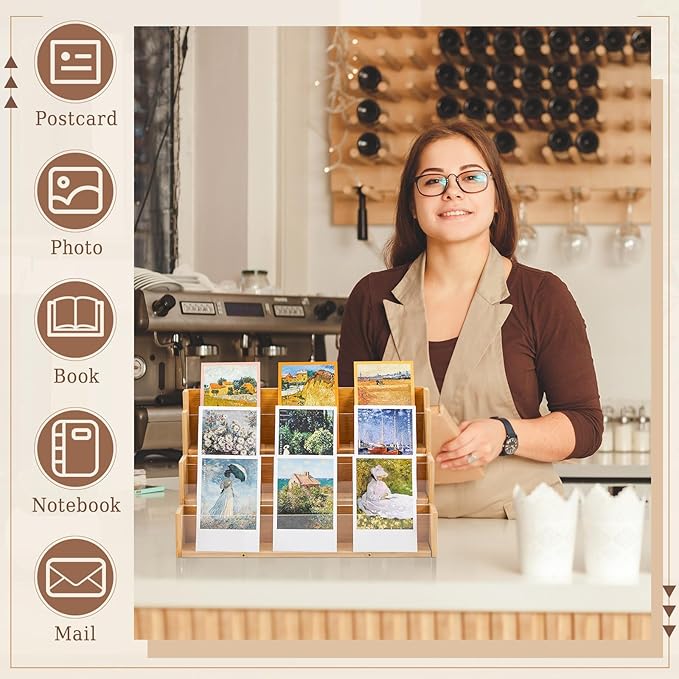 3 Tier Greeting Card Display Stand Wood Color Bamboo and Acrylic Sticker - Image 5