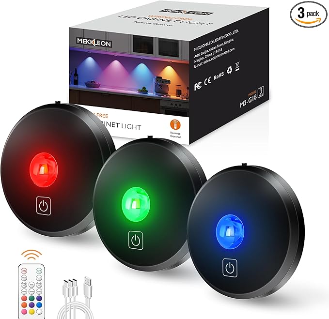 RGB Puck Lights with Remote Control, 2000mAh Rechargeable Stick on Led Lights by MEKKLEON