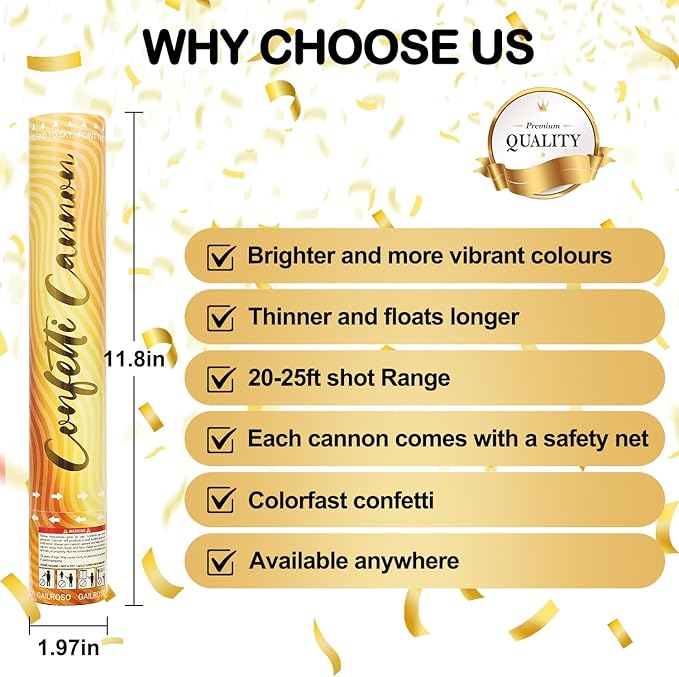 6 Pack Gold Confetti Cannon, Confetti Poppers, 12 Inch Party Poppers Shooters - Image 3