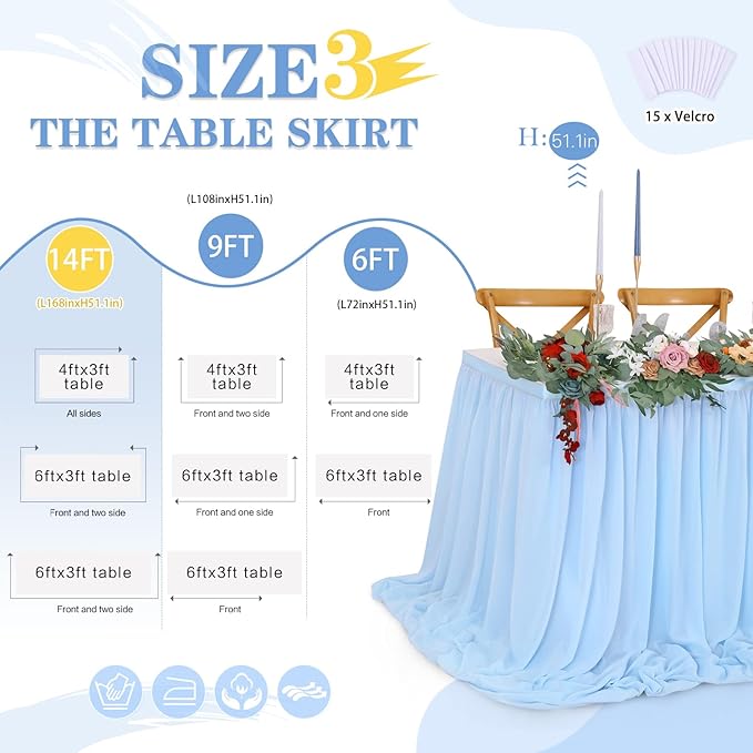 Baby Blue Table Skirt for Birthday Party14ft Rectangle or Round Chiffon Table - Image 3