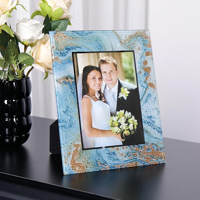 Cuspin 5x7 Blue Picture Frame, Luxury Blue and Gold Glass Wedding Frame 8x10 by Cuspin
