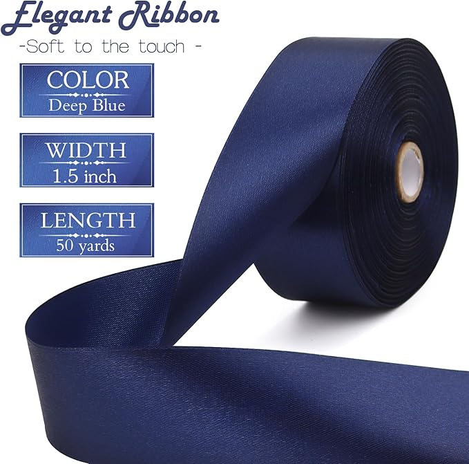 Deep Blue Solid Satin Ribbon 1-1/2 Inch 50 Yards Solid Polyester Fabric Ribbon - Image 2