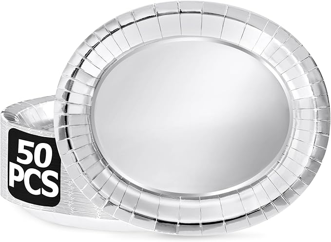 50 Pcs Oval Large Paper Plates, 12.2'' X 10.2'' Silver Foil Paper Plates by QZYL