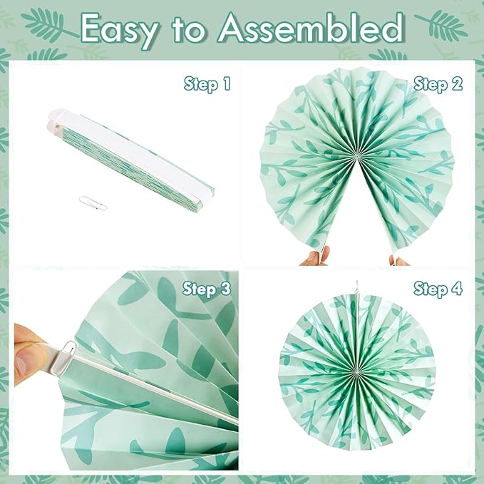 SUNBEAUTY 11 Pcs Sage Green Paper Fans Decoration Ceiling Decor Leaves Paper - Image 3
