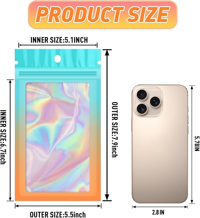 Funfery 100 Pack Gradient Holographic Bags, Mylar Resealable Bag - Image 2