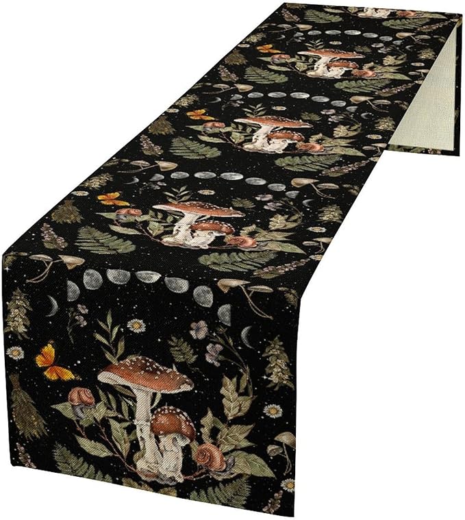 Mushroom Kitchen Table Runner, Boho Vintage Wild Flower Gothic Witchy Moonlit - Image 2