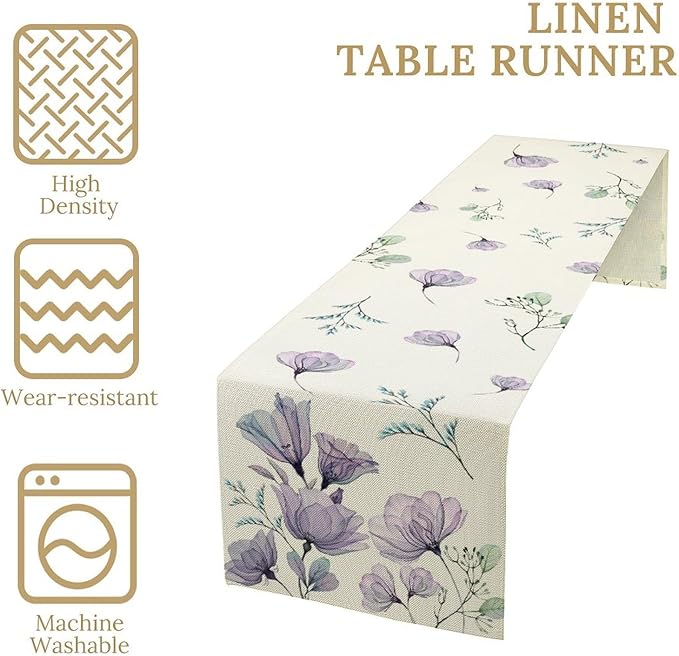 Poppy Flower Table Runner, Watercolor Purple Floral Leaves Seasonal Spring - Image 3
