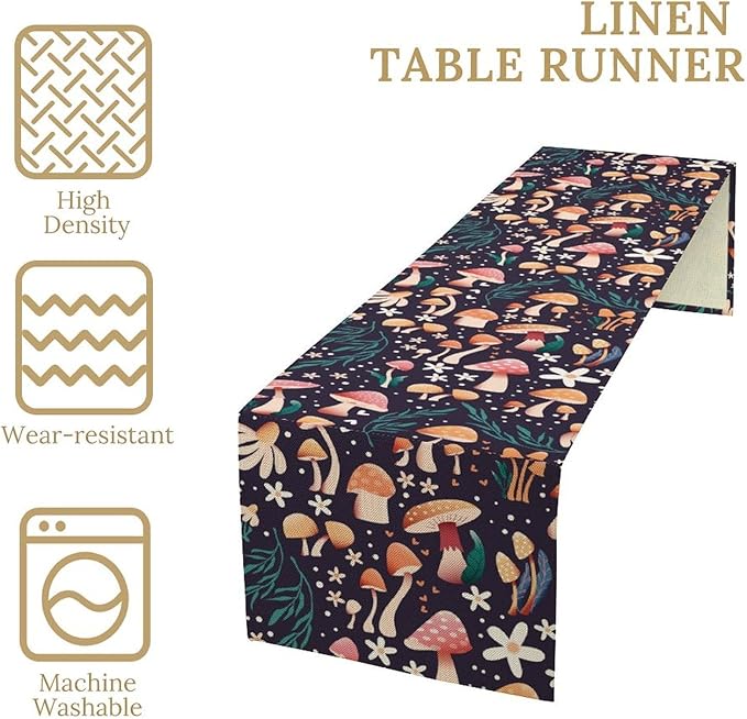 Mushroom Table Runner, Retro Forest Plant Table Cloth Farmhouse Kitchen Dining - Image 4