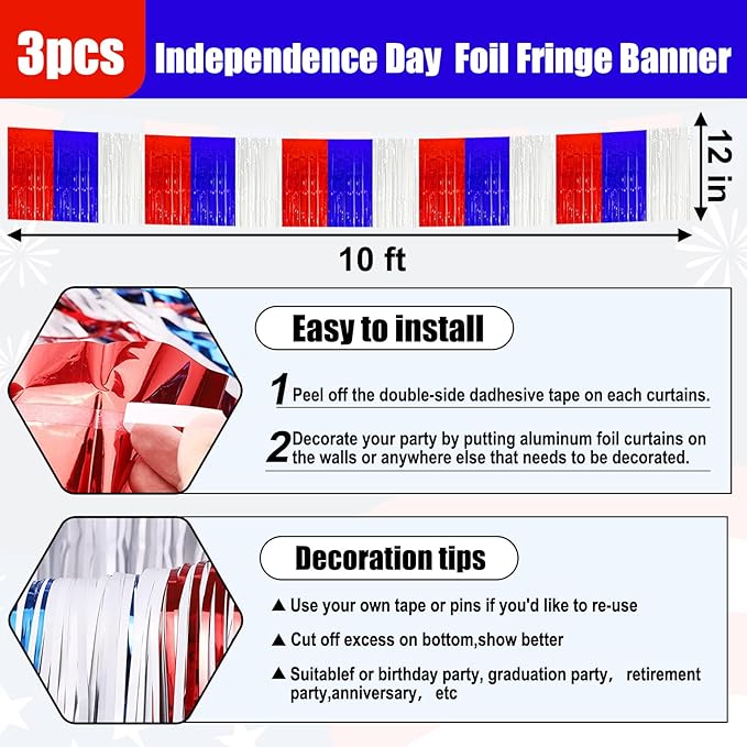 3 Pack 10 Long White Blue Red Metallic Foil Fringe Garland Wall Hanging Tassle - Image 2