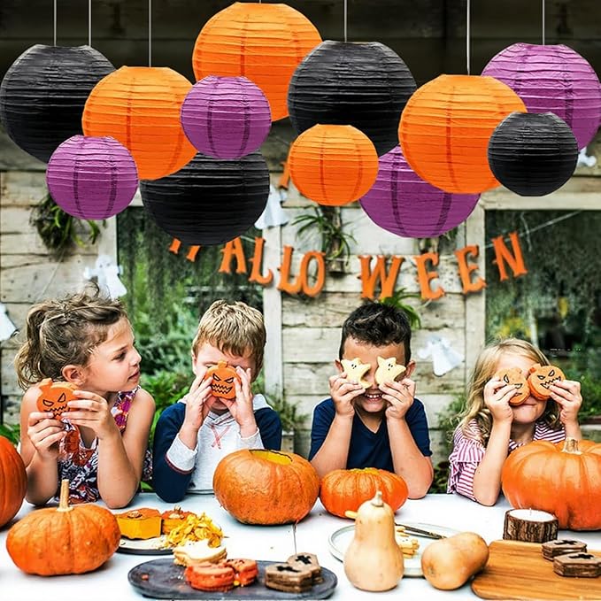 Orange Purple Black Paper Lanterns Decorative 12pcs Halloween Hanging - Image 9