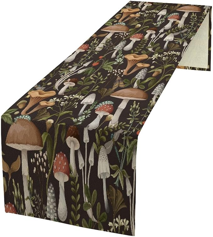 Mushroom Table Runner, Retro Forest Wildflower Botanical Plants Flower Art by Kurtect