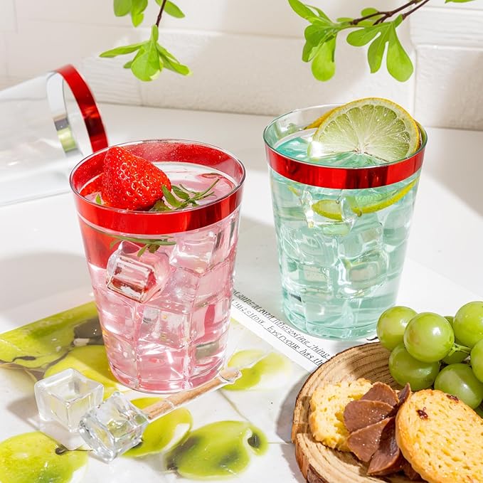 DaYammi 100 Pack Red Plastic Cups 10 Oz Clear Red Rimmed Plastic Cups - Image 7